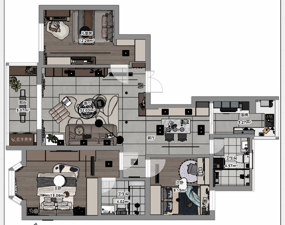 蒋琛｜香榭里8-2-901-108㎡-现代简约风格｜3室2厅2卫｜老房装修｜定制家｜全包16万｜00_03平面彩图